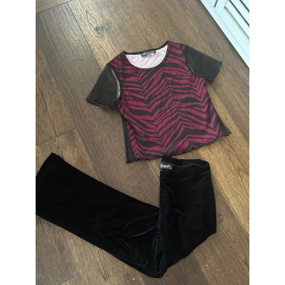 No Boundaries Zebra Mesh Top & Black Corduroy Pants Set Burgundy Black Y2K